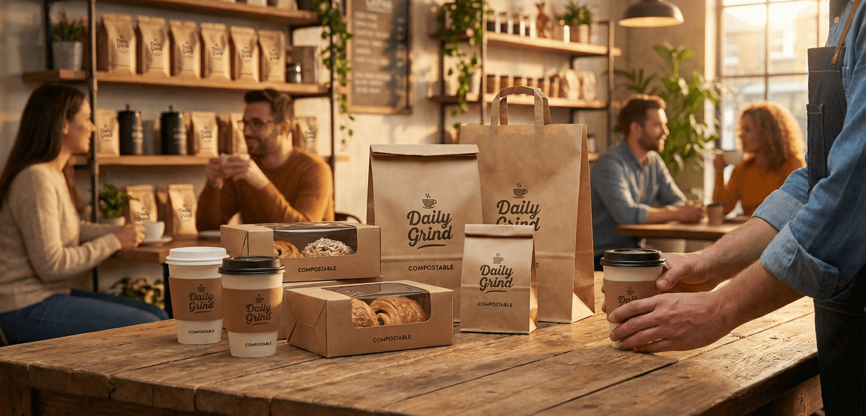 Stock packaging on a café counter